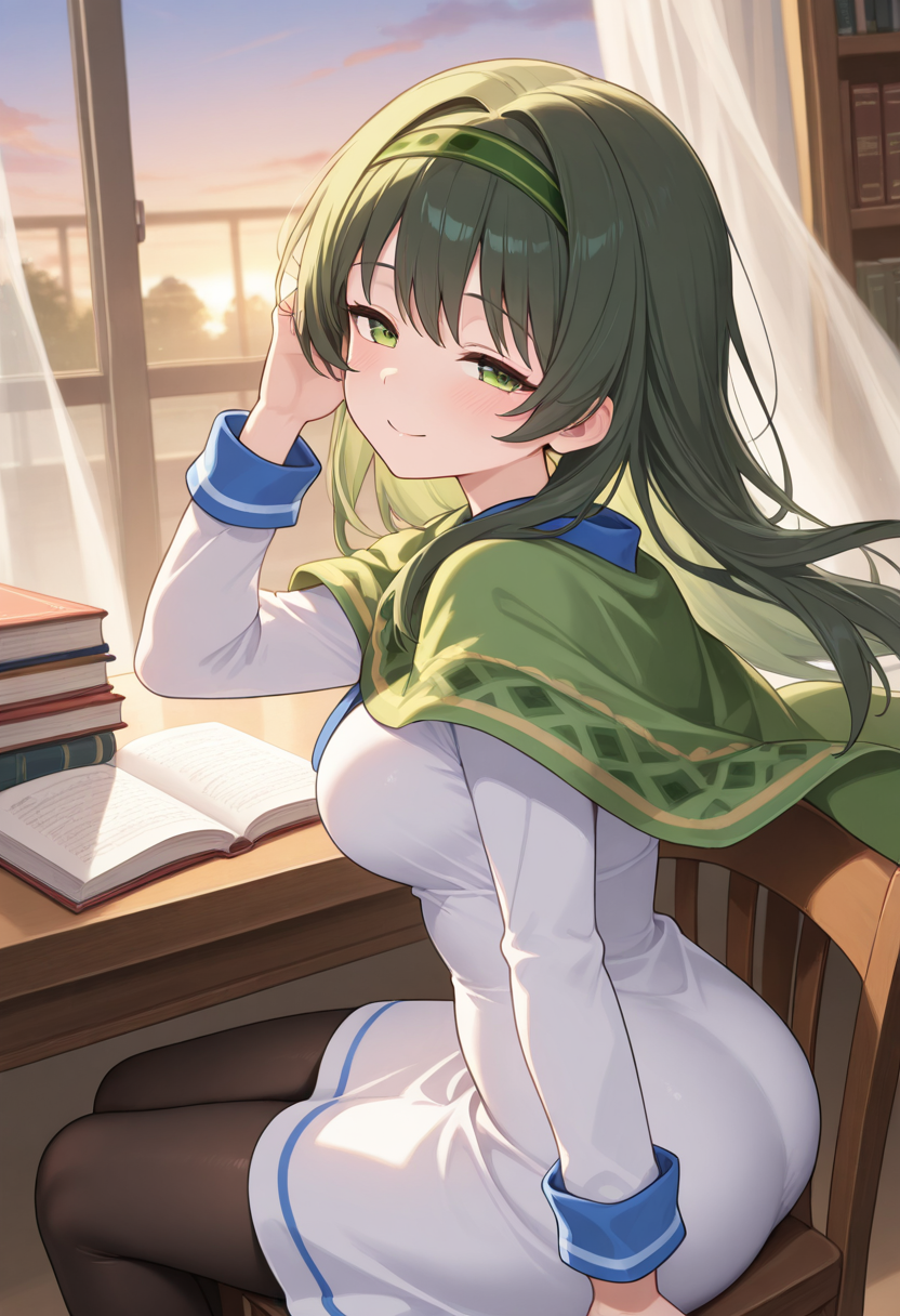 1girl,solo,<lora:shironail:0.9>,tsukisuzu_shirona,green eyes,green hair,long hair,green hairband,dress,white dress,long sleeves,pantyhose,black pantyhose,looking_at_viewer,cowboy_shot,from_side,smile,sitting,sitting_on_chair,hand_on_own_ear,half-closed eyes,dusk,window,curtain,wind,library,incredibly absurdres,masterpiece,best quality,good quality,newest,