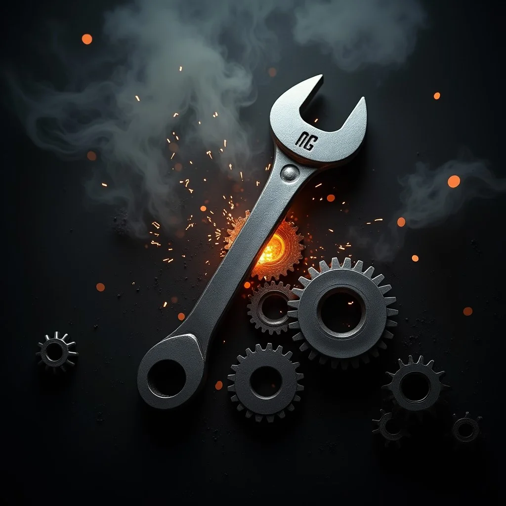 a spanner wrench stuck between a bunch of gears, the gears are emitting smoke and sparks