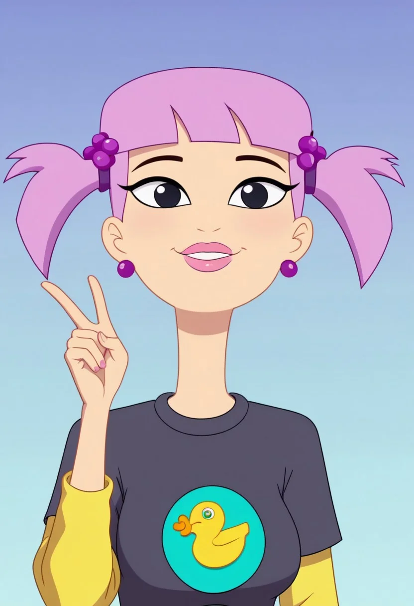 ((bedroom background)),score_9, score_8_up, score_7_up,score_6_up,
1girl, Solo, Hiromi_HYG, light skin, black eyes, bright lilac hair, hairstyle with two pigtails, pink lips, small round purple earrings, gray T-shirt with yellow duck logo, bright yellow pants, cyan belt, brunswick green color boots with heels, tall stature, social smile, sexy face, close-up, cowboyshot, perfect eyes, perfect smile, looking at the viewer, big breasts, detailed eyes, perfect eyes, very close-up, cute