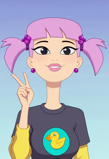 ((bedroom background)),score_9, score_8_up, score_7_up,score_6_up, 
1girl, Solo, Hiromi_HYG, light skin, black eyes, bright lilac hair, hairstyle with two pigtails, pink lips, small round purple earrings, gray T-shirt with yellow duck logo, bright yellow pants, cyan belt, brunswick green color boots with heels, tall stature, social smile, sexy face, close-up, cowboyshot, perfect eyes, perfect smile, looking at the viewer, big breasts, detailed eyes, perfect eyes, very close-up, cute