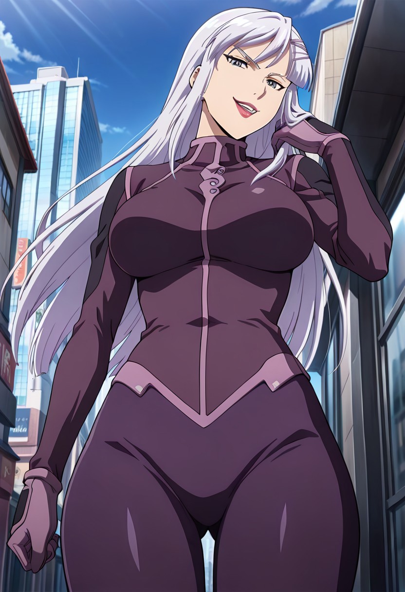 ((masterpiece, absurdres)), best quality, amazing quality, newest, 4k, anime coloring, very aesthetic, ray tracing, Smooth Quality, CG, source_anime, nora polyansky,1 mature female, grey eyes, white long hair, hairclip,purple pilotsuit ,city view, street view,city view, street view, evil smirking