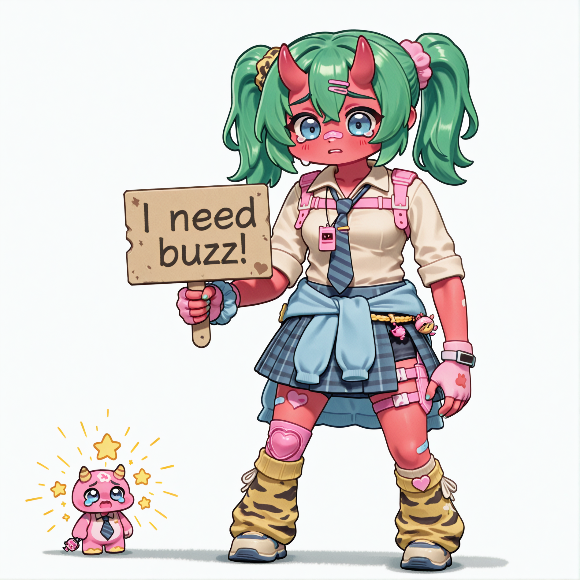 (chibi:1.4), (need_buzz, holding sign, crying, sad, broken lightbulb in shape of a lighting bolt, lighting bolt, sparks, sparking, sparkling:1.9), (drawing, flat shading, simple background, white background:1.4), fortnite_nemia, 1girl, solo, green hair, twintails, ponytail, long hair, bangs, hair between eyes, hair over one eye, ears, horns, oni horns, single horn, red skin, pink skin, blue eyes, parted lips, bandaid, bandaid on nose, bandaid on thighs, breasts, shirt, school uniform, necktie, plaid skirt, thighhighs, socks, loose socks, boots, jewelry, earrings, bracelet, charm, belt, gloves, fingerless gloves, knee pads, leg warmers, collarbone, solo, colored skin, hair ornament, hairclip, scrunchie, holster, striped necktie, clothes around waist, oni, plaid, charm (object), blue necktie, sweater around waist, animal print, heart, shoes, star (symbol), thigh holster,  <lora:Fortnite_Nemia_Demonically_Cute_Set_ILXL_E41_16_DIM:0.8> <lora:Miratsu169_Style_il_v1.0:1.2>, <lora:dmd2_sdxl_4step_lora:1>, <lora:NeedBuzz_sign_Illustrious:1>