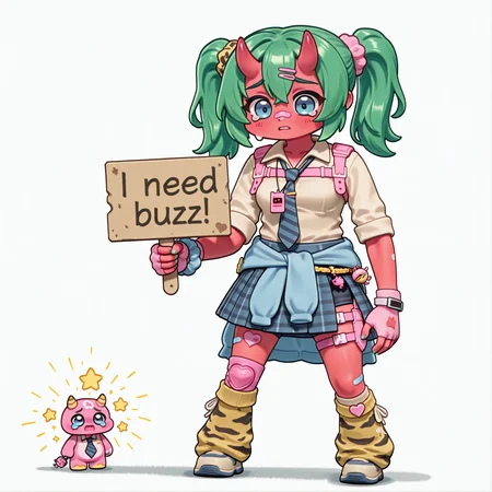(chibi:1.4), (need_buzz, holding sign, crying, sad, broken lightbulb in shape of a lighting bolt, lighting bolt, sparks, sparking, sparkling:1.9), (drawing, flat shading, simple background, white background:1.4), fortnite_nemia, 1girl, solo, green hair, twintails, ponytail, long hair, bangs, hair between eyes, hair over one eye, ears, horns, oni horns, single horn, red skin, pink skin, blue eyes, parted lips, bandaid, bandaid on nose, bandaid on thighs, breasts, shirt, school uniform, necktie, plaid skirt, thighhighs, socks, loose socks, boots, jewelry, earrings, bracelet, charm, belt, gloves, fingerless gloves, knee pads, leg warmers, collarbone, solo, colored skin, hair ornament, hairclip, scrunchie, holster, striped necktie, clothes around waist, oni, plaid, charm (object), blue necktie, sweater around waist, animal print, heart, shoes, star (symbol), thigh holster, <lora:Fortnite_Nemia_Demonically_Cute_Set_ILXL_E41_16_DIM:0.8> <lora:Miratsu169_Style_il_v1.0:1.2>, <lora:dmd2_sdxl_4step_lora:1>, <lora:NeedBuzz_sign_Illustrious:1>
