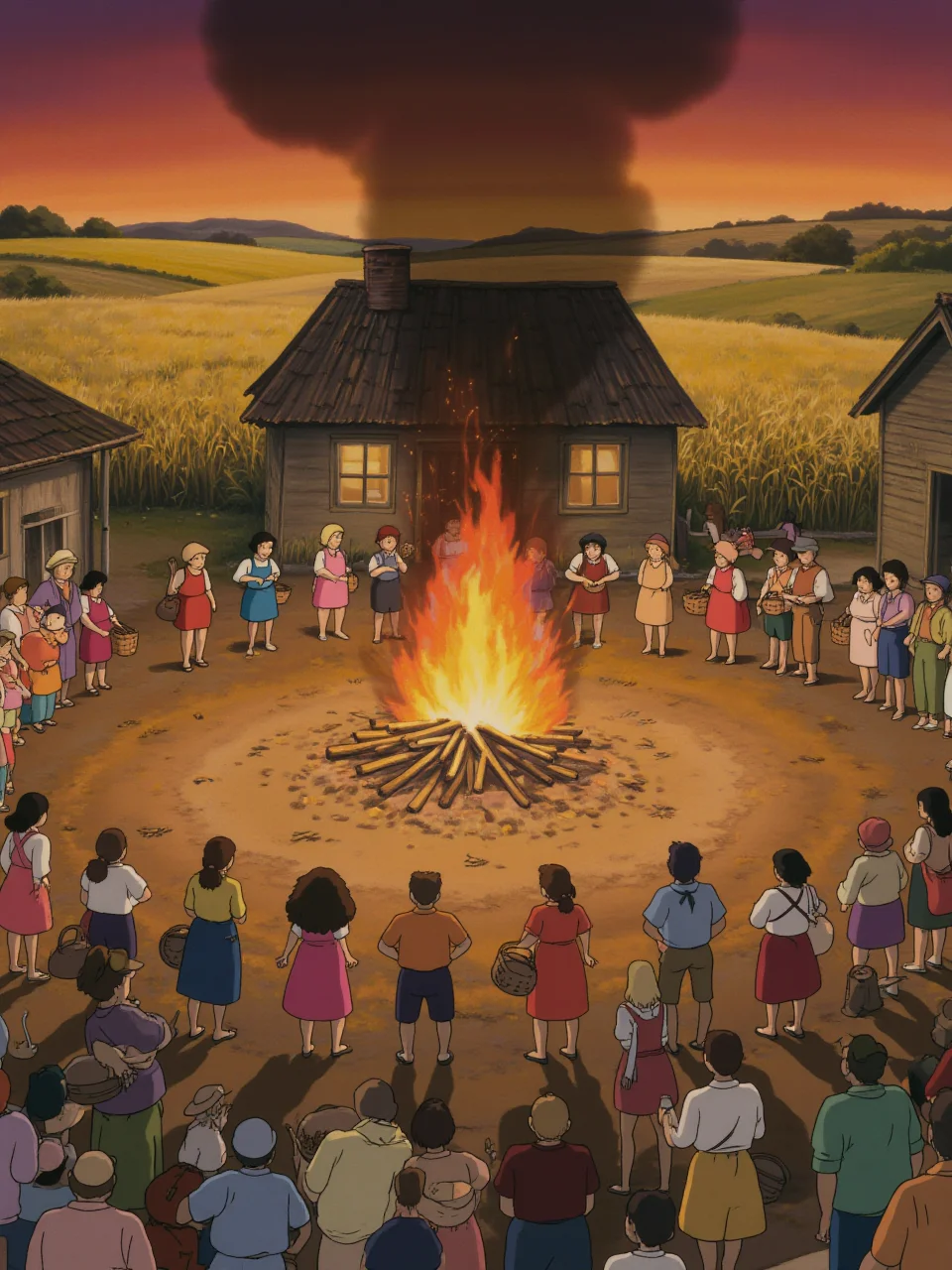 A small group of villagers, each with colorful clothing and carrying baskets, is gathered in the village square to celebrate a harvest festival. A large bonfire burns brightly in the center, and music fills the air. The village is surrounded by fields of golden wheat, and the sky is a deep orange as the sun sets. The camera is at a wide angle, capturing the entire festival scene with the fire in the center.