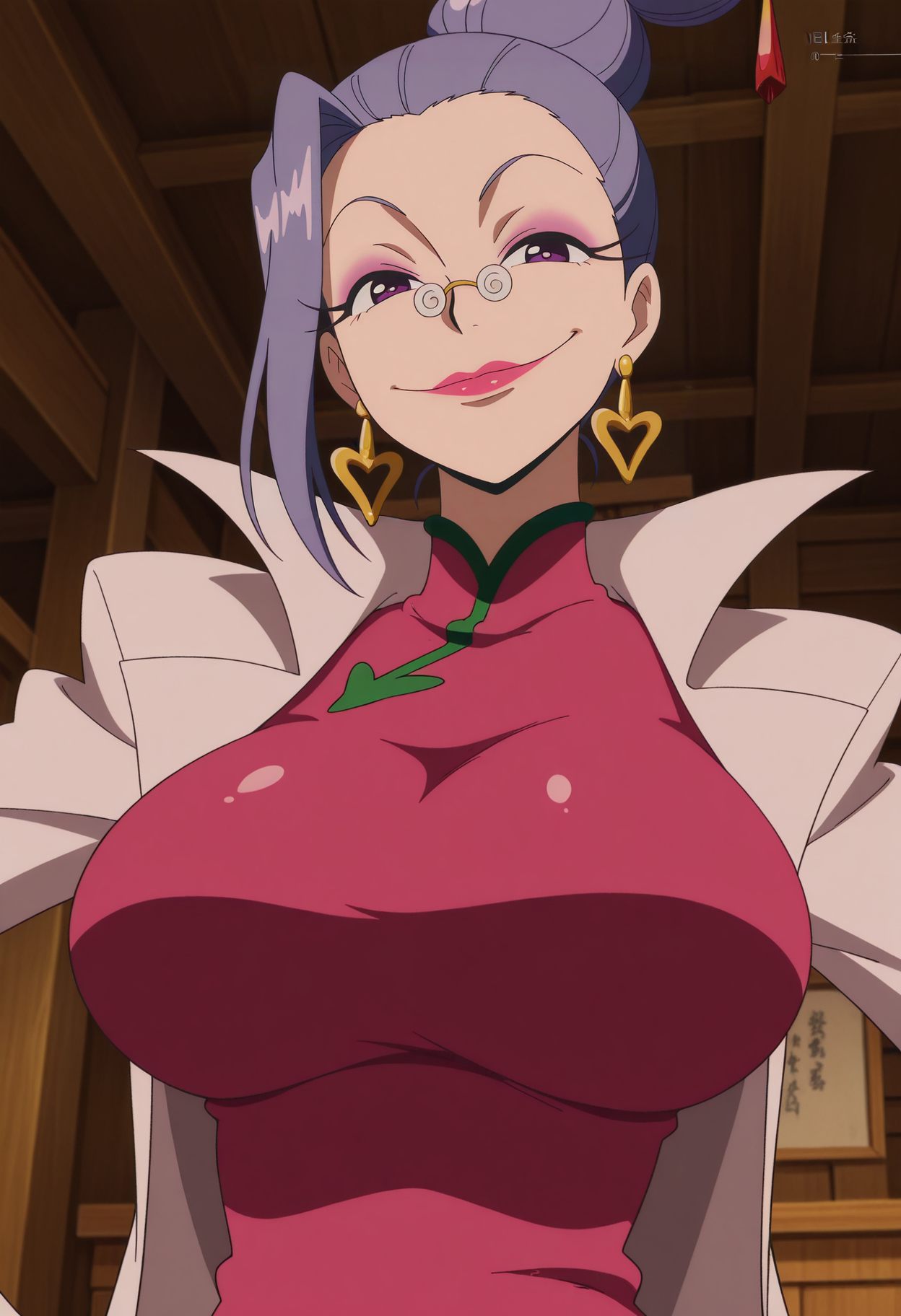 1girl,solo,mm,mature female,earrings,glasses,lipstick,purple hair,purple eyes,hair bun,large breasts,anime coloring,
chines clothes,labcoat,dress,upper body, ,smile, indoors,looking at viewer, 
,masterpiece,best quality,amazing quality,<lora:Nightin-One_Piece_3D2Y_ix:0.8>
