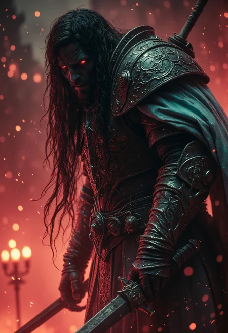 extreme hkevil face closeup movie portrait, FredFraiStyle long haired shrouded Silhouette of a skeleton Knightess with towering billowing Hair and neon turquoise White Cape, Standing Battle ready with powerful thin Long sword, vibrant red/beige Gradient, Highly detailed anime-style close-up action scene of a knight in intricately patterned armor. The focus is on the knight’s sword, showcasing the deep black of light that trails with the swift motion of the weapon, capturing the dynamic speed of the fighter. The scene is set in a misty, fog-filled night with a vibrant color palette with deep blacks. The background is hazy, while motion streaks and dynamic lighting enhance the sense of speed and intensity, with the knight’s glow piercing through the mist.