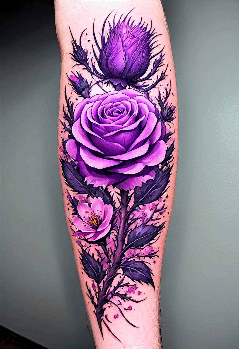 a forearm tattoo of a purple rose with cherry blossoms surrounding it