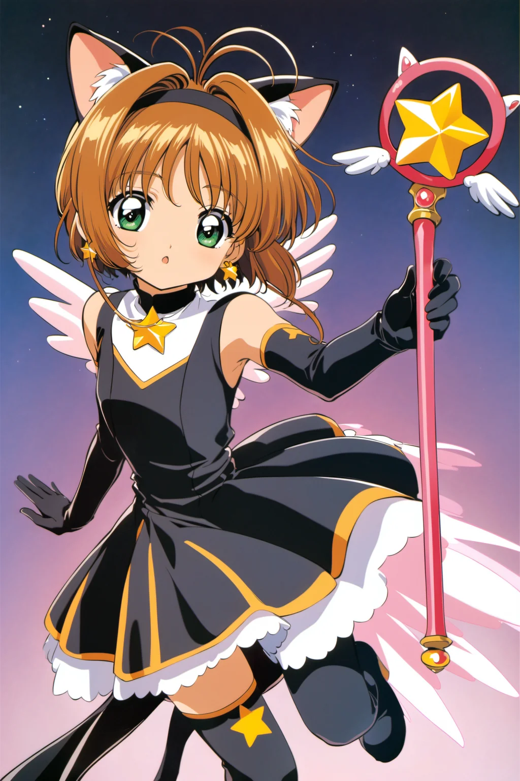 1girl, animal ears, cat ears, solo, black dress, dress, 1990s (style), green eyes, kinomoto sakura, black gloves, gloves, thighhighs, retro artstyle, holding, wand, short hair, looking at viewer, single thighhigh, blonde hair, white background, elbow gloves, antenna hair, fake animal ears, magical girl, black thighhighs, cowboy shot, hairband, ribbon, bangs, holding wand, wings, short dress, jewelry, brown hair, star (symbol), standing, :o, parted lips, earrings, simple background,<lora:Card Captor Sakura Anime_XL:0.8>