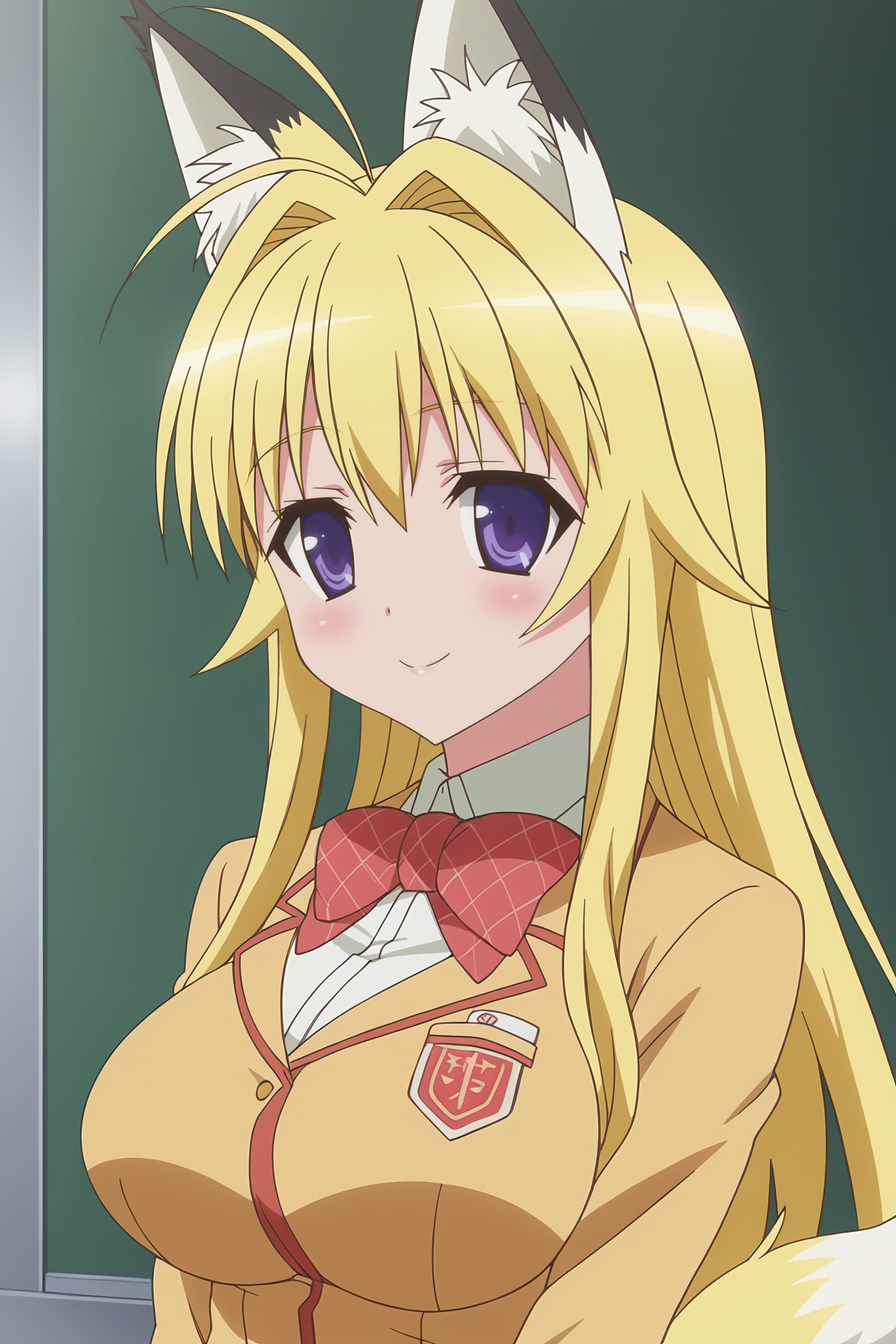 score_9, score_8_up, score_7_up, source anime, prefect lighting, very aesthetic, BREAK, anime coloring, anime screencap,
 <lora:minamoto_chizuru_v1-pdv6:1>, 1girl, minamoto chizuru, kanokon, purple eyes, fox ears, fox tail, blonde hair, long hair, large breasts,
school uniform, long sleeves, bow, 
BREAK, light smile, blush, looking at viewer, 
BREAK,