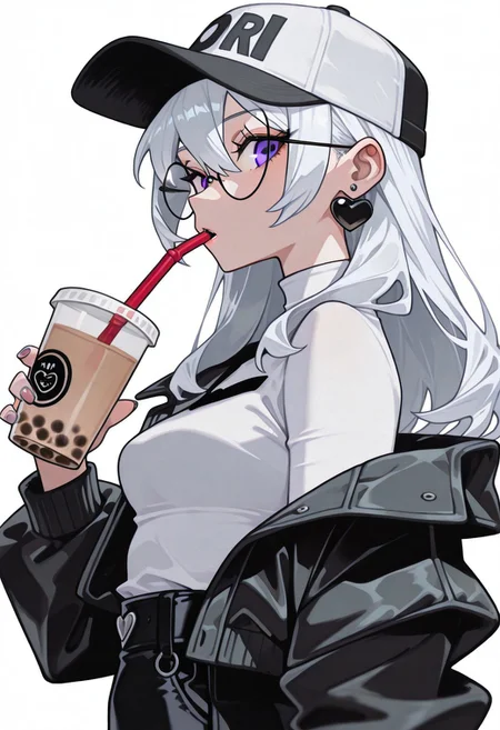 masterpiece, best quality, newest, absurdres, highres, very awa, anime screencap, film grain, painting \(medium\), ambient occlusion, depth of field, simple background, bXVrd, 1girl, solo, baseball cap, hat, drinking straw, long hair, grey nails, earrings, jewelry, bubble tea, looking at viewer, disposable cup, cup, white headwear, glasses, simple background, holding, white shirt, white hair, shirt, holding cup, white background, jacket, round eyewear, upper body, heart earrings, heart, off shoulder, drinking straw in mouth, long sleeves, black jacket, grey eyes, hair between eyes, drinking, nail polish, from side, white nails, parted lips, open clothes, looking to the side, drink, open jacket