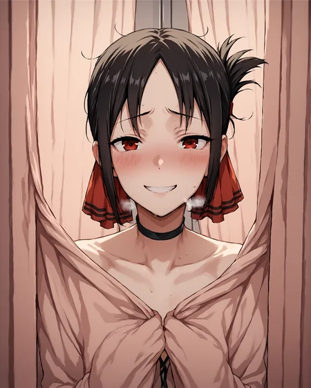 score_9, score_8_up, score_7_up, source_anime BREAK 1girl, curtains, curtain grab, Kaguya Shinomiya, black hair, parted bangs, folded ponytail, ribbon, blush, smile, looking at viewer, bare shoulders, choker, pink curtains, messy hair, close up, <lora:What_are_you_doing_behind_the_curtain:0.8>, implied sex, netorare, cheating (relationship), heavy breathing, rating_questionable