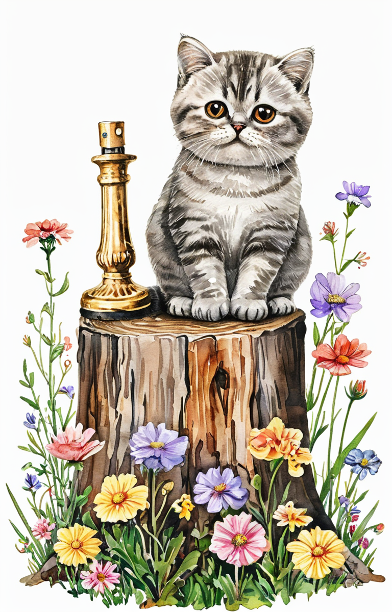 masterpiece,best quality,<lora:tbh31-sdxl:0.9>,illustration,cat A bottle of perfume in garden