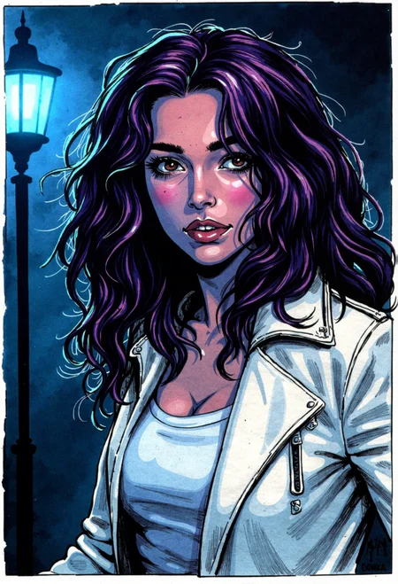 d0nkaThis image is a hand-drawn comic strip in a traditional, heavily inked style, with a dark and gritty aesthetic. The scene is framed with heavy ink lines, a dark and moody atmosphere, with deep shadows and stark contrasts. The lighting is harsh, with a single, cold, blue light source from the left, casting long, ominous shadows. A close up photo portrait of a woman with purple and blue long curly hair wearing a white leather jacket and white shirt. <lora:FLUX\FLUX.1-Turbo-Alpha\FLUX.1-Turbo-Alpha.safetensors:1.0> <lora:MyTrainings\Temp\Donka_F1D_ARZUMATA.safetensors:1>