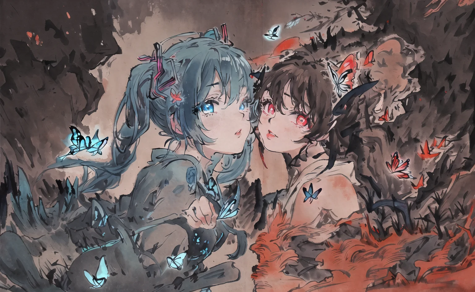 masterpiece, best quality, ultra-detailed, 2girls, upper body, looking at viewer, ?, negative space, (bioluminescence:1.2), darkness, wind, butterfly, black background, glowing,
AND masterpiece, best quality, ultra-detailed, 2girls, hatsune miku, upper body, looking at viewer, ?, negative space, (bioluminescence:1.2), darkness, wind, butterfly, black background, glowing, (blue theme:1.2)
AND masterpiece, best quality, ultra-detailed, 2girls, hakurei reimu, (brown hair:1.1), upper body, looking at viewer, ?, negative space, (bioluminescence:1.2), darkness, wind, butterfly, black background, glowing, (red theme:1.2)