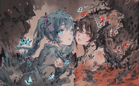 masterpiece, best quality, ultra-detailed, 2girls, upper body, looking at viewer, ?, negative space, (bioluminescence:1.2), darkness, wind, butterfly, black background, glowing,
AND masterpiece, best quality, ultra-detailed, 2girls, hatsune miku, upper body, looking at viewer, ?, negative space, (bioluminescence:1.2), darkness, wind, butterfly, black background, glowing, (blue theme:1.2)
AND masterpiece, best quality, ultra-detailed, 2girls, hakurei reimu, (brown hair:1.1), upper body, looking at viewer, ?, negative space, (bioluminescence:1.2), darkness, wind, butterfly, black background, glowing, (red theme:1.2)