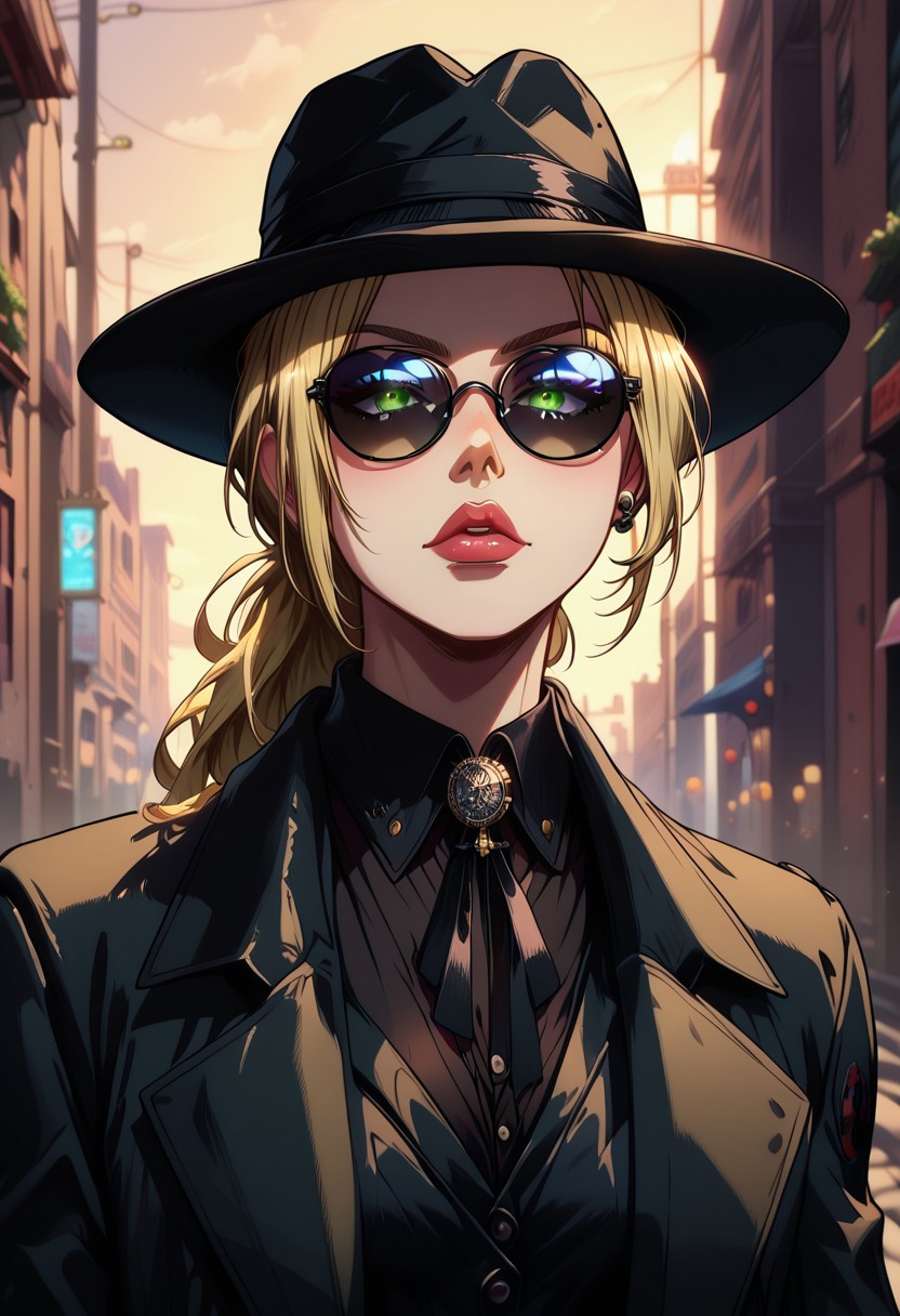 score_9, score_8_up, score_7_up, score_6_up, score_5_up, score_4_up, masterpiece, best quality, raytracing, absurdres, high definition, perfect details, depth of field, good composition, spectacular, absurd, raytracing, 3>lora in weight of: 1.5 + detailed eyes, ((detailed face)), linear hatching, cel shading, hds style, hellsing_ultimate_style, GLSHS, partially illuminated, 
BREAK 
perfect face, mature, <lora:DetectiveIncogv2:0.7>, detectiveincog, female, black fedora, round sunglasses, green eyes, 1girl, solo, sexy, smooth body, cyber Dystopian, shadowrun, Enigmatic detectiveincog draped in shadows, beautiful, wearing detailed, black suit, full body, full body in view, (Partially obscured face, revealing only piercing eyes adorned with kohl.arcane energy aura), sexy body, cowboy shot, masterpiece, ultra-detailed, semi-realistic, kohl.arcane imbued eyes, dark alleyway setting, night, alley, glowing eyes, (closeup, portrait), full lips,  black shirt, button up blouse, open collar, open_shirt, black square framed glasses, sunglasses, tinted_eyewear, black framed eyewear, black fedora, blonde hair, blonde ponytail, black trench coat, black trousers, fair skin, 
BREAK
Holding, revolver, upwards, gunsmoke, gun smoking, smoke, gun in front of face,