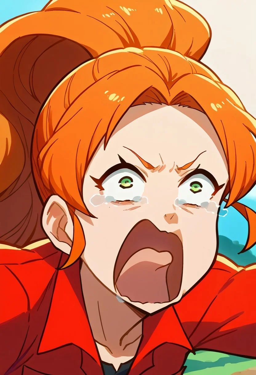score_9, score_8_up, source_anime, 1girl, solo, mars_hdt, red hair, green eyes, ponytail, red jumpsuit, aquascreaming, screaming, open mouth, crying with eyes open, reaching out, bending over, freebos_smoothiestyle