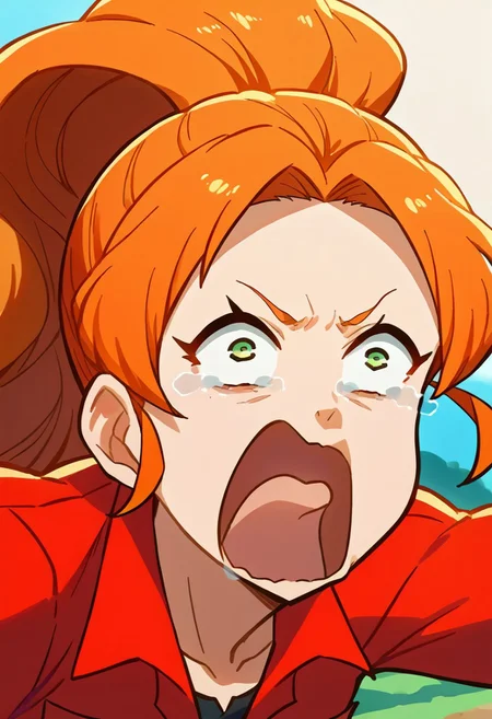 score_9, score_8_up, source_anime, 1girl, solo, mars_hdt, red hair, green eyes, ponytail, red jumpsuit, aquascreaming, screaming, open mouth, crying with eyes open, reaching out, bending over, freebos_smoothiestyle