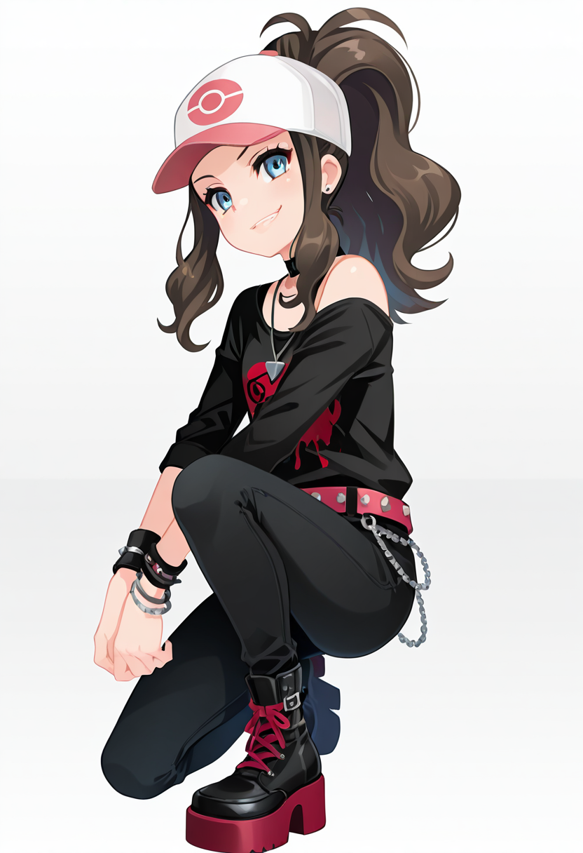 masterpiece, best quality, 1girl, solo, eyelashes, (beautiful eyes),   zzHilda, blue eyes, long hair, high ponytail, sidelocks, hat, <lora:HildaPokemonIXL_e08:1.0>, head tilt, smirk,  squatting, low angle, from side, foot focus, platform footwear,   C0utur3Cr4z3, solo, simple background, shirt, 1boy, white background, jewelry, standing, full body, male focus, boots, shoes, choker, belt, pants, necklace, off shoulder, black footwear, bracelet, black shirt, chain, black pants, t-shirt, spikes, , print shirt, fashion, studded belt,   <lora:CoutureCraze_IXL:1.0>,