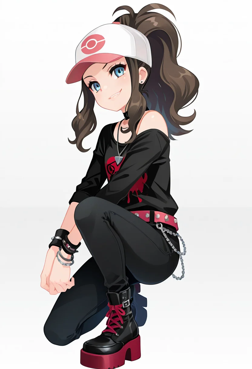 masterpiece, best quality, 1girl, solo, eyelashes, (beautiful eyes), zzHilda, blue eyes, long hair, high ponytail, sidelocks, hat, <lora:HildaPokemonIXL_e08:1.0>, head tilt, smirk, squatting, low angle, from side, foot focus, platform footwear, C0utur3Cr4z3, solo, simple background, shirt, 1boy, white background, jewelry, standing, full body, male focus, boots, shoes, choker, belt, pants, necklace, off shoulder, black footwear, bracelet, black shirt, chain, black pants, t-shirt, spikes, , print shirt, fashion, studded belt, <lora:CoutureCraze_IXL:1.0>,