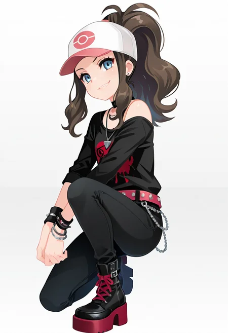 masterpiece, best quality, 1girl, solo, eyelashes, (beautiful eyes), zzHilda, blue eyes, long hair, high ponytail, sidelocks, hat, <lora:HildaPokemonIXL_e08:1.0>, head tilt, smirk, squatting, low angle, from side, foot focus, platform footwear, C0utur3Cr4z3, solo, simple background, shirt, 1boy, white background, jewelry, standing, full body, male focus, boots, shoes, choker, belt, pants, necklace, off shoulder, black footwear, bracelet, black shirt, chain, black pants, t-shirt, spikes, , print shirt, fashion, studded belt, <lora:CoutureCraze_IXL:1.0>,