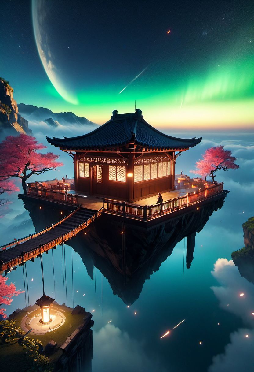 WLOP art style, unreal engine 5 style, outdoors, The island floating in the air, sky gate,  human, bulding night, meteor star aurora , (low light), top-down view, firefly -ar 9:16, high saturation, high contract