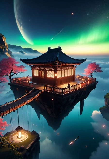 WLOP art style, unreal engine 5 style, outdoors, The island floating in the air, sky gate, human, bulding night, meteor star aurora , (low light), top-down view, firefly -ar 9:16, high saturation, high contract