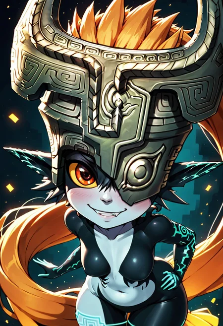 score_9, score_8_up, score_8, medium breasts, (curvy), cute, eyelashes,
BREAK, ,
upper body,
(detailed eyes), soft lips, detailed skin,
zzMidna, colored skin, pointy ears, orange hair, helmet, multicolored skin, two-tone skin, yellow sclera, one eye covered,
leaning forward,
smile, looking at viewer, cowboy shot, zPDXL,
night sky,