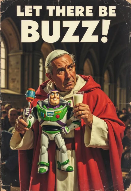 Vintage Poster, (Title in bold white letters arranged at the top: Let there be Buzz!), wear and tear on cover. Photorealistic, photograph, A vintage classic poster of pope drinking Milk, Drunk pope, The background is the inside of a Cathedral, Holding a buzz lightyear toy, Classic Buzz Lightyear Costume