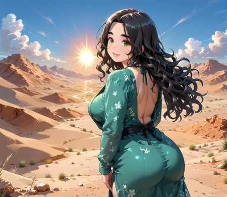 PonyScores7, source_anime, ah1, IllustriousQual, <lora:natsumi_style:0.5>, <lora:by_usakun-pony:0.4> by usakun, <lora:Akina_Bbw_Style_-_PonyXL:0.2> AkinBw
BREAK (landscape photography, vast vistas, natural beauty, dynamic compositions, captivating scenery, immersive, serene)
BREAK 1girl, mature female, (round face:1.2), (thick eyebrows:1.3), (curvy), round-chin, caucasian, (plump face), <lora:Round_face:0.2>, <lora:ETO_OCPonyXL:0.3> eto_oc, skindentation, (plump), thick thighs, wide hips, busty, voluptuous, lips, <lora:venus body PonyXL:0.3>, <lora:shinyskin2:0.2> glistening skin
BREAK (curly hair), long hair, (black hair:1.4), (parted hair:1.7), messy hair, kinky curls, <lora:hairdetailpxl:0.2> hairdetailpxl
BREAK (half green and brown eyes), (colorful eyes), (multicolored eyes), (downturned eyes:1.4), <lora:expressive eyes:0.2> expressive eyes, <lora:eyedetailpxl:0.2> eyedetailpxl, <lora:Eyes_High_Definition:0.2> EyesHD
BREAK ((light smile)), <lora:Expressive_H:0.2> Expressiveh, <lora:Emotional_Anime_Expressions_PonyXL_Concept:0.2> emotional, <lora:Best_Facial_Expression_LoRA_PONY:0.2>, looking at viewer, <lora:Detailed expressive EXEV style -XL Pony V1.0:0.2> FaceDetail
BREAK ((standing sideways with one leg bent, looking back over the shoulder with a playful smile))
BREAK warm candy pink electric green silk dress with a plunging neckline and fitted waist paired with green high-heeled pumps
BREAK (((a vast desert, with rolling dunes, scorching sun, and a sense of desolation)))
BREAK <lora:xl_more_art-full_v1:0.2>, <lora:aesthetic_anime_v1s:0.2>, <lora:EpicF4nta5yXL:0.2>, <lora:detailxl:0.2> detailxl, <lora:Fant5yP0ny:0.2>, best quality, amazing quality, best aesthetic, absurdres, illustration, Volumetric_Lighting, ultra-detailed, very aesthetic, intricate details, 8k, masterpiece, best_quality
BREAK Stable_Yogis_PDXL_Positives, AS-Adult, <lora:Complicated fantasy portrait - XL Pony V2.0:0.2>, bad-hands-5, <lora:HDA_Detailer:0.3>, HDA_FatGirlXL
