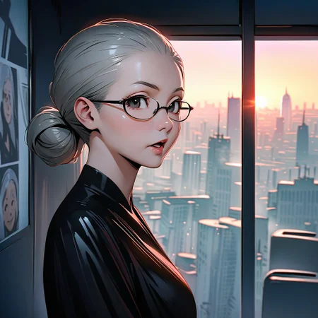 (graphic novel style, dark novel style:1.5),(anime), (masterpiece:1.4), (soft cinematic light:1.1), incredibly lifelike, Extremely high-resolution details, 8k, best quality,extremely detailed, contrast,
high tech design,
 gallery of contemporary art, inside, portrait old woman against the backdrop of a giant floor-to-ceiling window, through which one can see a city landscape with skyscrapers and a sunset , open mouth, one portrait ((elderly)) woman in a ((black long dress)) and black high-heeled shoes, elderly, old woman, [Nordic], Hourglass elongated body, Oval Face, Long neck, Rounded shoulders, long slim thin arms, Attached Pointed ears, round forehead, (gray Updo short combed back hair), snub nose, Arched eyebrows, Monolid black Eyes, High Round Narrow cheekbones, Hollow Cheeks, Rounded Chin, Rounded Jawline, thin Lips, (black eyes), (square glasses), (Wrinkles),