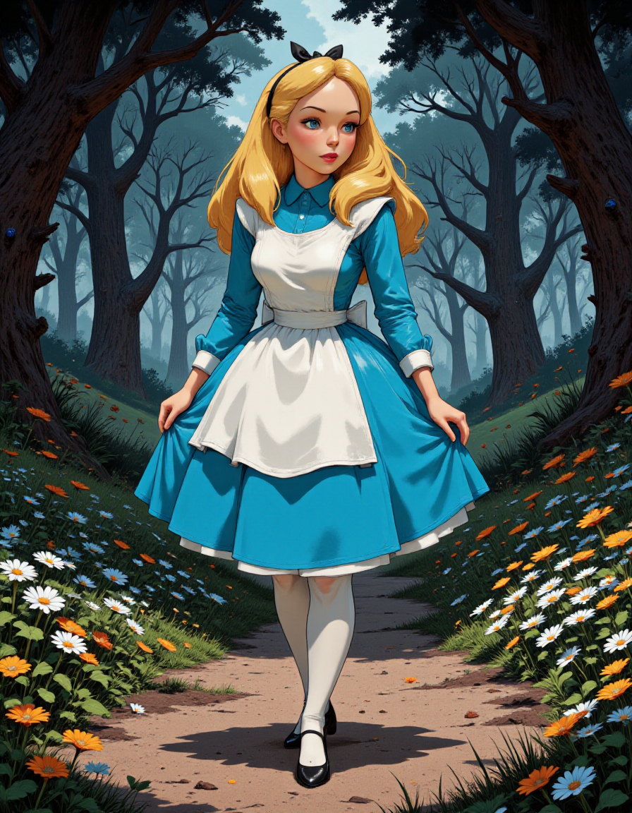 <lora:gc_vintage:1> vintage <lora:Fancha_style_v.5:1> Fancha style <lora:Alice_In_Wonderland_Alice_-_000020:1> d-alice, Golden blond hair, piercing crystal blue eyes
