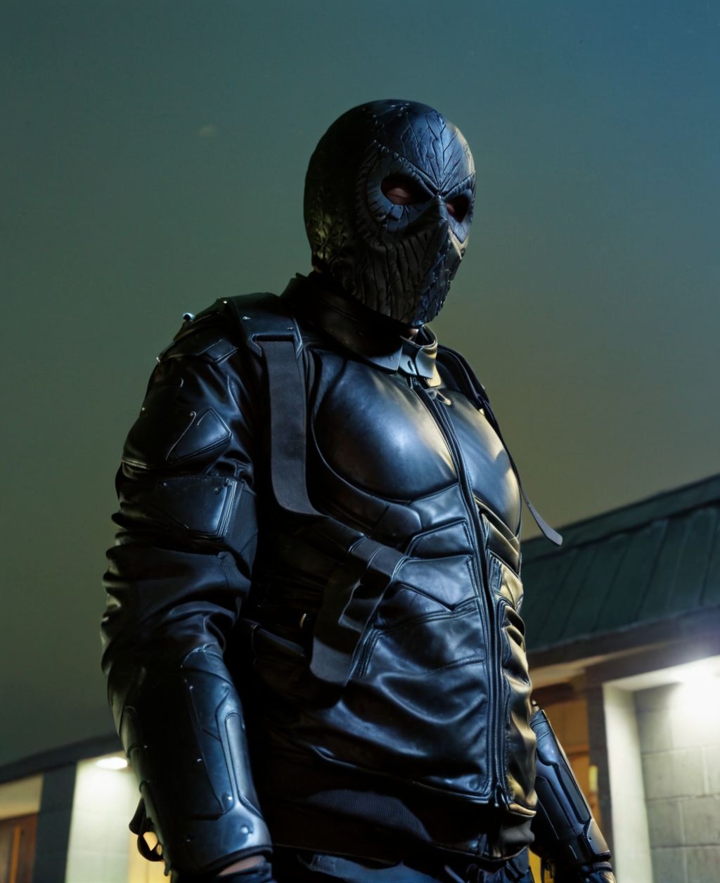 EdobRendel, bulletproof vest, night, ceiling light, night, looking at viewer, hood, horror (theme), weapon on back, gloves, outdoors, (face closeup:2), <lora:EdobRendel_XL_v3.0:1>