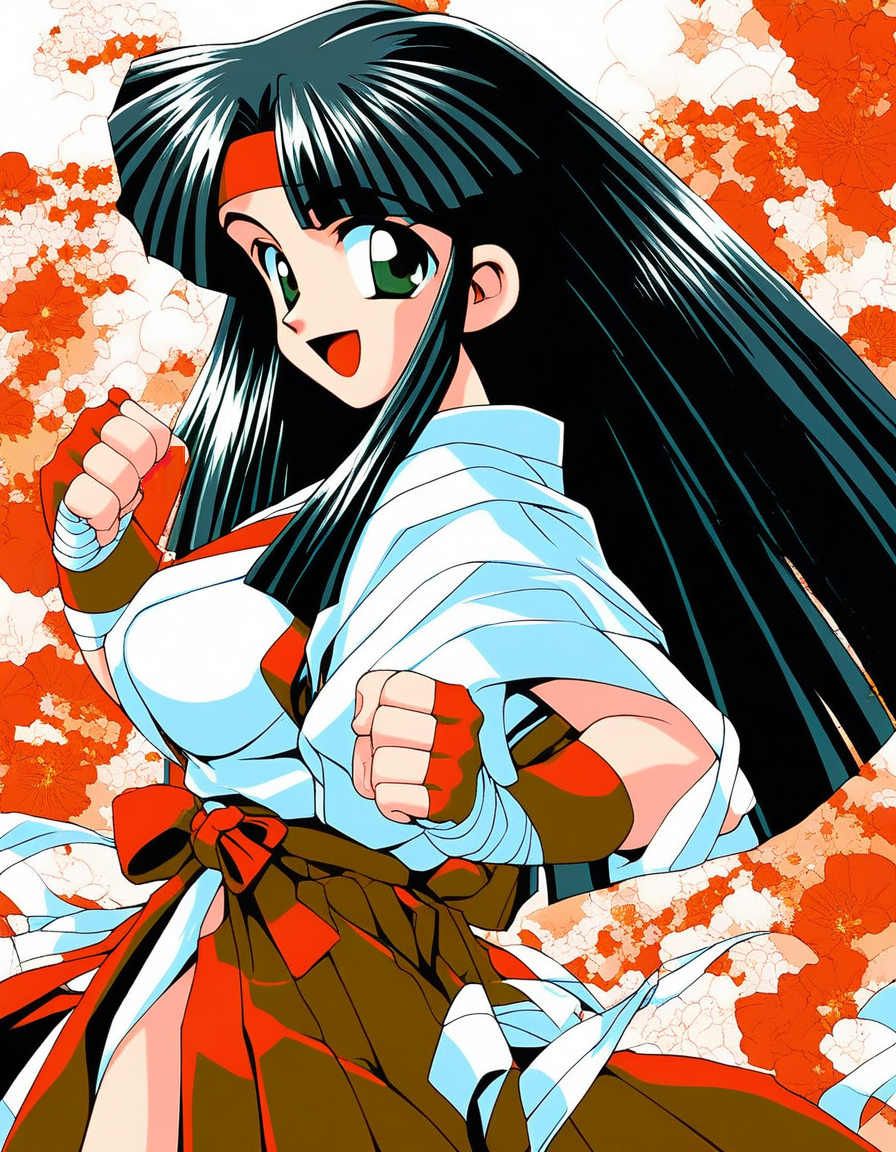 score_9, score_8_up, score_7_up, source_anime, rating_explicit, BREAK  <lora:Aoyama_Momoko_XL:1> AoyamaMomoko, long hair, black hair, red headband, large breasts, bandages, green eyes, blunt bangs,
1girl, solo, japanese clothes, gloves, fingerless gloves, rope, open mouth, looking back, 1990s (style), smile, clenched hand,
red hakama,