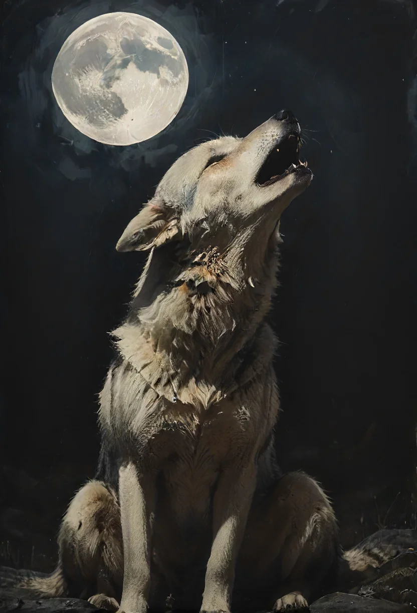 serenade of a (lonely:1.1) crying smiling wolf quivering under a cold blanked, beautiful melancholic (solo:1.1) concert, depressive tears of silver, (sad:1.3) lines of a mountain mirror, (howling:1.3) at a sky beyond,  moon, bittersweet faithful night,  <lora:- SDXL - vanta-black_contrast_V3.0:0.8> <lora:Moody__Time:0.8>
