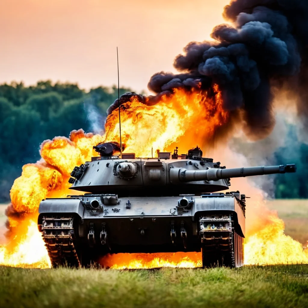 cinematic film still of <lora:cinematic explosion style:1.5>
a tank is on fire in the middle of a field cinematic explosion style, shallow depth of field, vignette, highly detailed, high budget, bokeh, cinemascope, moody, epic, gorgeous, film grain, grainy