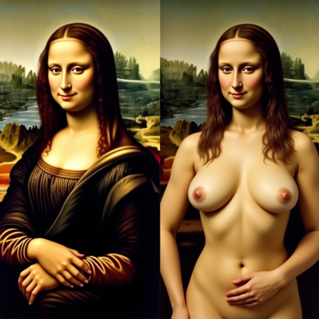 Two panel side-by-side paintings of the Mona Lisa, on the left side she is clothed, on the right side fully naked, clothed and nude
