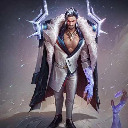 score_9, score_8_up, score_7_up concept art, digital art, realistic, 1 boy, PrestigeChosenOfTheWolfSwain, crystal hand, suit, white suit, crystal arm, cleavage, mulit colored hair,