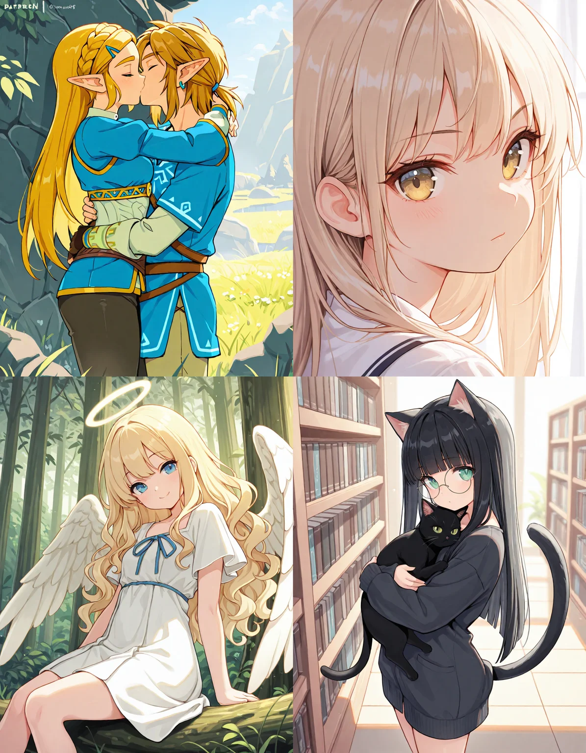 https://civitai.com/articles/8642 __ 1st image: masterpiece, best quality, 1girl, 1boy, princess zelda, the legend of zelda: breath of the wild, standing, kiss, hug, closed eyes, outdoors __ 2nd image: masterpiece, best quality, 1girl, face, portrait, looking at viewer, closed mouth __ 3rd image: masterpiece, best quality, 1girl, solo, blonde hair, wavy hair, angel, angel wings, halo, smile, sitting, forest, white dress __ 4th Image: masterpiece, best quality, 1girl, solo, long hair, black hair, blunt bangs, straight hair, round eyewear, cat girl, cat ears, cat tail, standing, hug, cat, looking at viewer, library