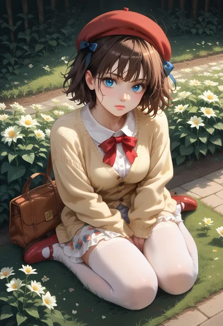 score_9, score_8_up, score_7_up,
masterpiece, best quality, detailed, amazing quality,
detailed background, flowers, holding flower,
detailed eyes, clean eyes, 
dynamic pose, sitting, from above,
solo, 1woman, woman,
easynegative,
otome, cute dress, frilly, bow, ribbon, print dress, cardigan, purse, beret hat, jewelry, mary jane shoes, stockings,
slutty_m3l0dy, pale skin, short hair, blue eyes, dark brown hair, messy hair, curvy