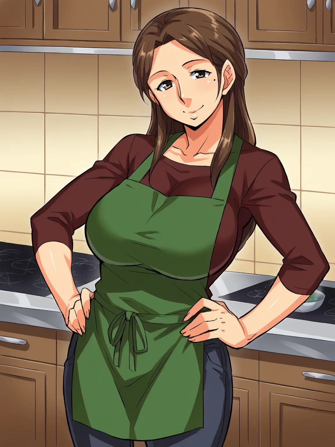 <lora:Mokuzou_Unde_Kudasai_Okaa-san:0.8>,gibo,1girl,solo,mature female,brown hair,brown eyes,mole,long hair,breasts,shirt,apron,pants,hands on own hips,looking at viewer,kitchen, smile
