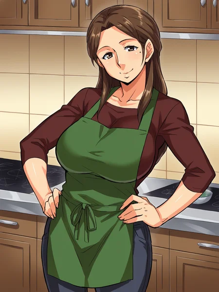 <lora:Mokuzou_Unde_Kudasai_Okaa-san:0.8>,gibo,1girl,solo,mature female,brown hair,brown eyes,mole,long hair,breasts,shirt,apron,pants,hands on own hips,looking at viewer,kitchen, smile