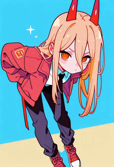 score_9, score_8_up, score_7_up, score_6_up, masterpiece, best quality, newest, absurdres, highres, traditional media, 1girl, black necktie, necktie, solo, long hair, horns, red eyes, shirt, jacket, white shirt, pants, black pants, red footwear, collared shirt, shoes, blonde hair, blue background, simple background, power \(chainsaw man\), hands in pockets, facing viewer, looking at viewer, ringed eyes, leaning forward, close-up, red jacket, from above, upturned eyes,
<lora:murata_ill_v2:1>, close-up,portrait, eye focus, Colorful themes,High Saturation, haiz_ai, no lineart,no outline, <lora:ponyv6_noobE11_2_adamW-000017:0.3> <lora:MeMaXL4:0.8> <lora:veluflora-wai:0.35> <lora:haiz_ai_illu:0.7>