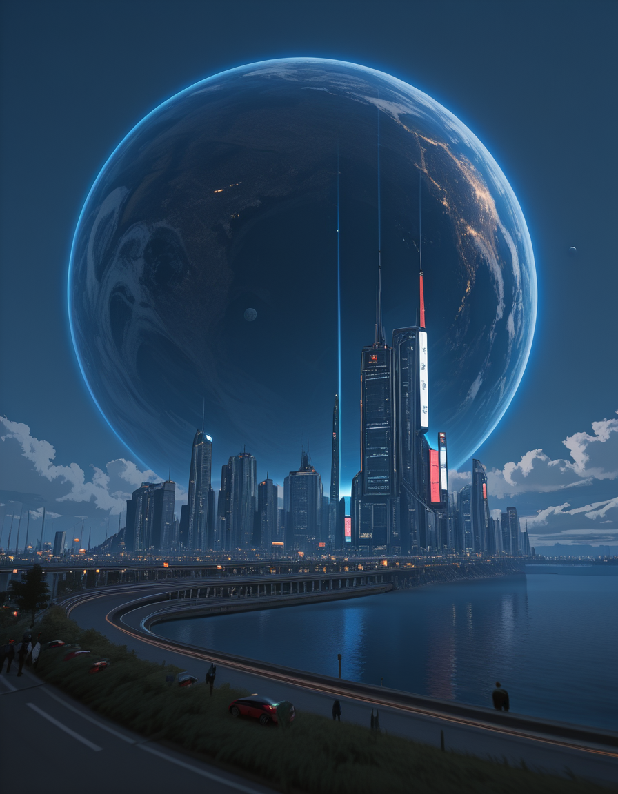 <lora:City_Worlds_01_Effects_illc:1> photo, ambiance, blue, buildings under highway, car light trails, city lights, citybkg, clouds, cyberpunk, day, detailed, enormous, epic, epic scale, fantasy, futuristic, hid16, high buildings, high buildings in the background, highway markings, illuminated, low buildings, mist, night, partial view of a huge planet in the far background, people, phot32, phot6, rich detailed sky, se14, shore, t3, t7, vegetation