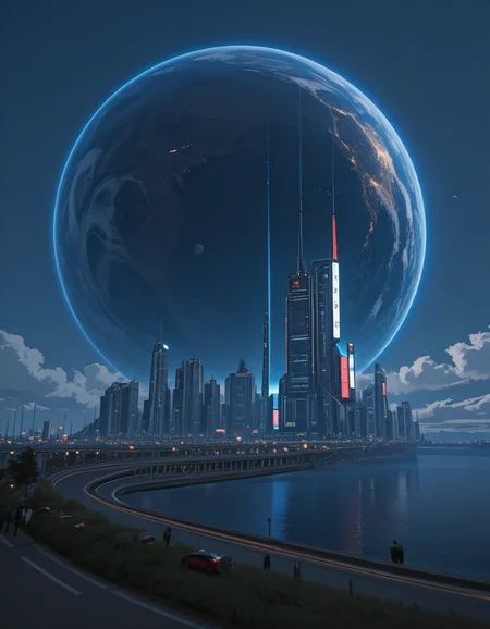 <lora:City_Worlds_01_Effects_illc:1> photo, ambiance, blue, buildings under highway, car light trails, city lights, citybkg, clouds, cyberpunk, day, detailed, enormous, epic, epic scale, fantasy, futuristic, hid16, high buildings, high buildings in the background, highway markings, illuminated, low buildings, mist, night, partial view of a huge planet in the far background, people, phot32, phot6, rich detailed sky, se14, shore, t3, t7, vegetation