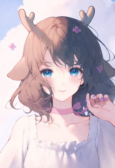 <lora:match2_noob1.1-000190:1>,
1girl, solo, horns, antlers, blue eyes, looking at viewer, smile, collarbone, nail polish, ribbon, white dress, purple nails, choker, medium hair, dress, animal ears, brown hair, flower, upper body, closed mouth, cloud, sky, deer ears, pink ribbon, short hair, shirt,
masterpiece,best quality,newest,absurdres,highres,very awa,