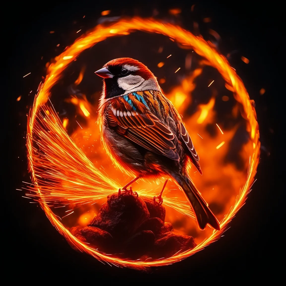 fireart, a sparrow in a fire suit ,circular of sparks<lora:fireart:1>