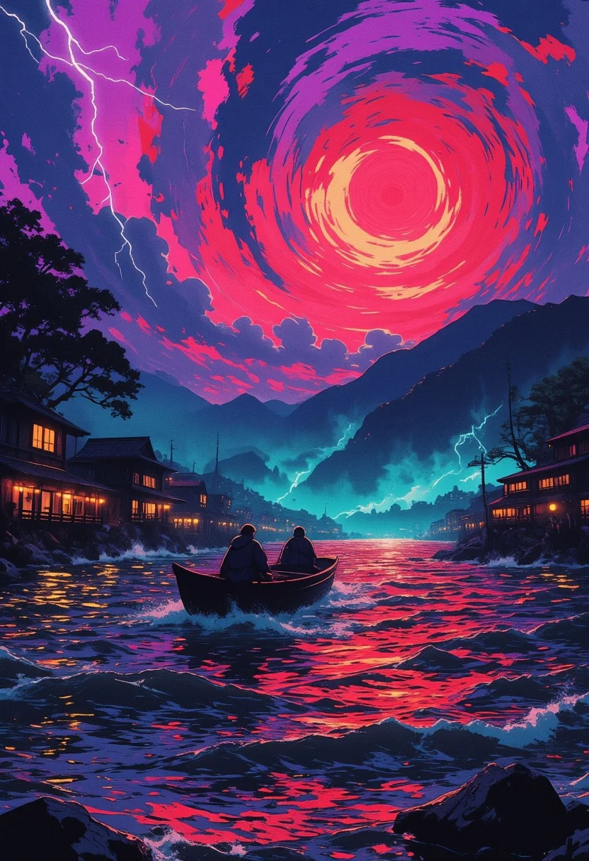 Boat drifting down a dark river under a storm-ridden sky, surrounded by a feudal Japan village nestled against the banks. The village's traditional wooden structures emit faint lantern light, flickering red and gold reflections on the water's surface. The sky above is dominated by an intense storm—swirling clouds stretch far and wide, painted in vivid purple, red, and cyan hues. The wind whips fiercely, bending trees and rattling rooftops, while lightning illuminates the chaotic sky, highlighting the intricate, twisting cloud formations. The water is choppy with waves carrying the boat further into the scene, mist rising from the riverbanks as shadows of distant mountains loom in the background. The atmosphere is haunting yet mesmerizing, a mix of serene beauty and nature's raw power, with the boat as the lone witness drifting through the storm.