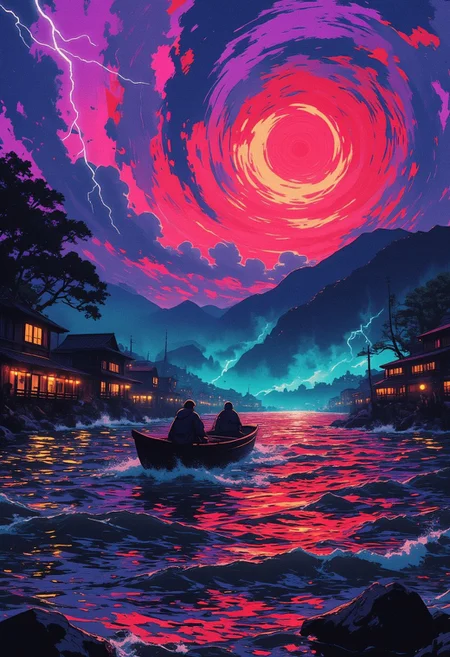 Boat drifting down a dark river under a storm-ridden sky, surrounded by a feudal Japan village nestled against the banks. The village's traditional wooden structures emit faint lantern light, flickering red and gold reflections on the water's surface. The sky above is dominated by an intense storm—swirling clouds stretch far and wide, painted in vivid purple, red, and cyan hues. The wind whips fiercely, bending trees and rattling rooftops, while lightning illuminates the chaotic sky, highlighting the intricate, twisting cloud formations. The water is choppy with waves carrying the boat further into the scene, mist rising from the riverbanks as shadows of distant mountains loom in the background. The atmosphere is haunting yet mesmerizing, a mix of serene beauty and nature's raw power, with the boat as the lone witness drifting through the storm.