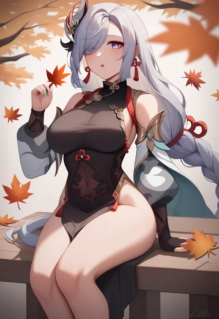 score_9,score_8_up,score_7_up,<lora:shenhe:1>,1girl, arm_support, artist_name, autumn_leaves, bare_shoulders, black_dress, commentary, detached_sleeves, eyes_visible_through_hair, falling_leaves, hair_ornament, hair_over_one_eye, highres, holding_leaf, large_breasts, long_sleeves, looking_at_viewer, official_alternate_costume, official_alternate_hairstyle, open_mouth, parted_bangs, pelvic_curtain, purple_eyes, shenhe_\(frostflower_dew\)_\(genshin_impact\), shenhe_\(genshin_impact\), sitting_on_object, sleeveless_dress, solo, thighs, turtleneck_dress, very_long_hair, white_hair